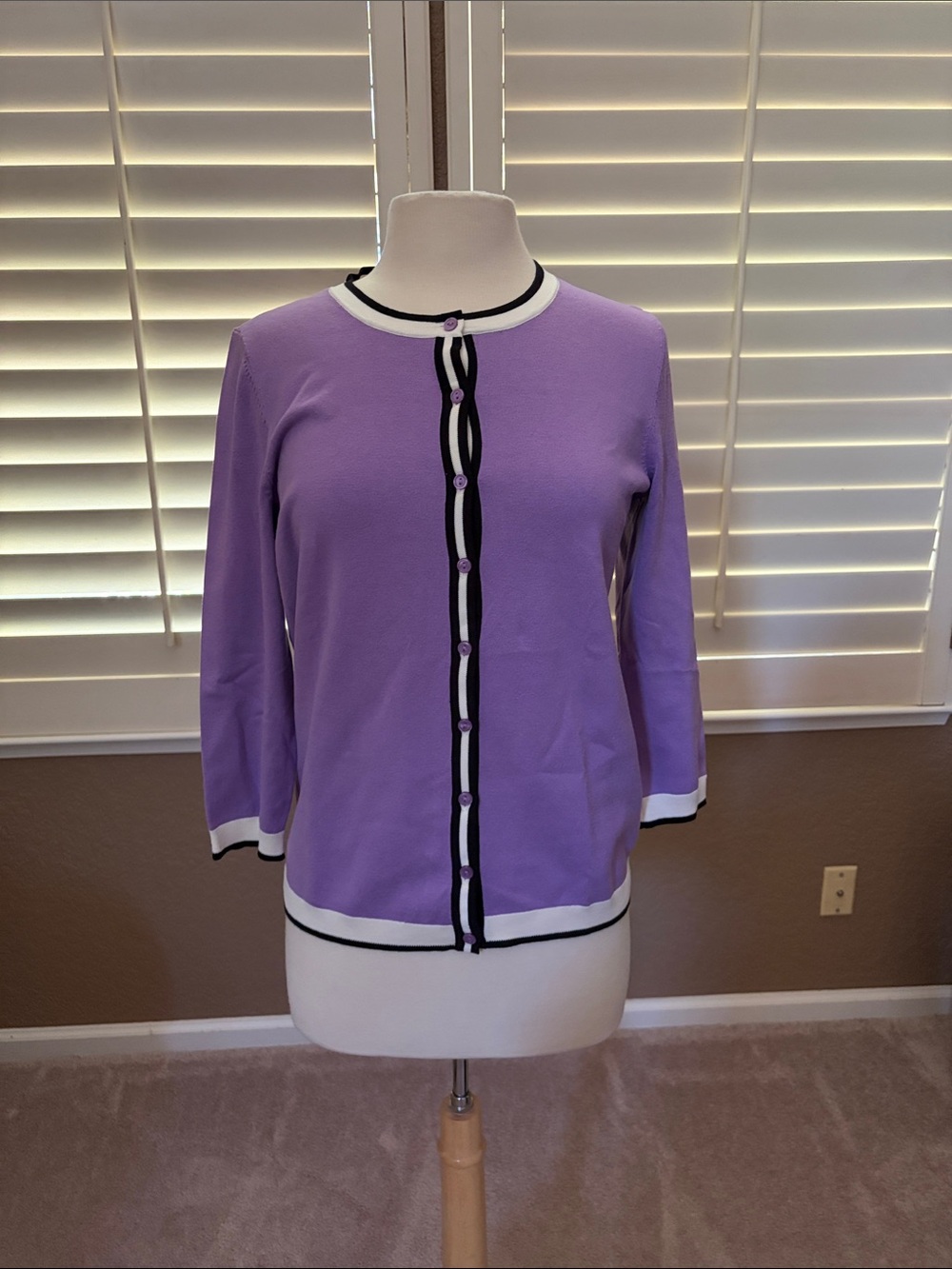 Talbots Lavender Button-Front Cardigan with Contrast Trim like new size M